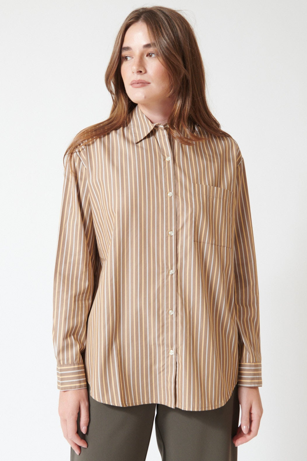 Julia in LESET Yoshi Classic Button Down, front view.