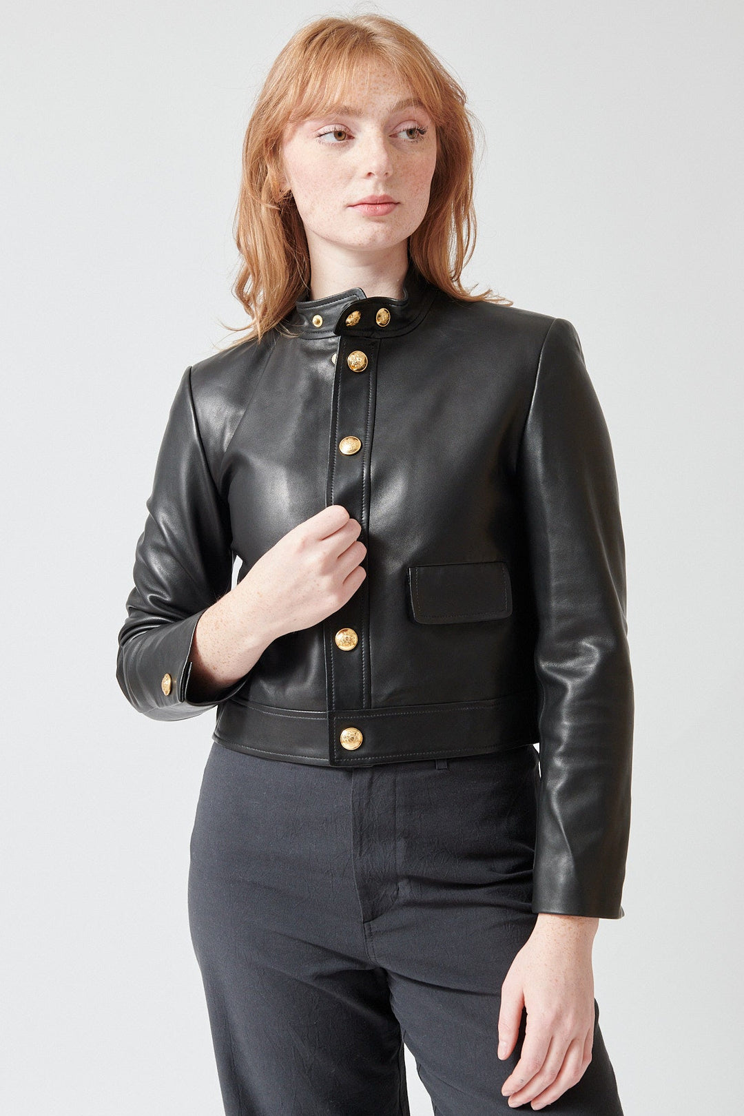 Waverly wearing Nili Lotan Hadley Leather Cropped Jacket front view