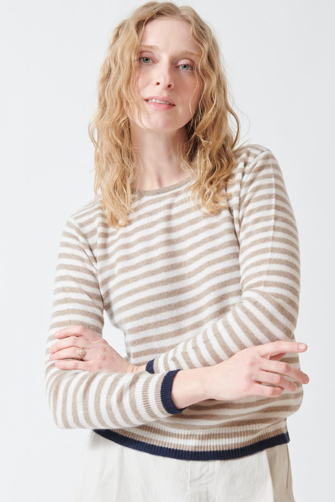 Madi wearing Jumper 1234 Tipped Little Stripe Crew front view