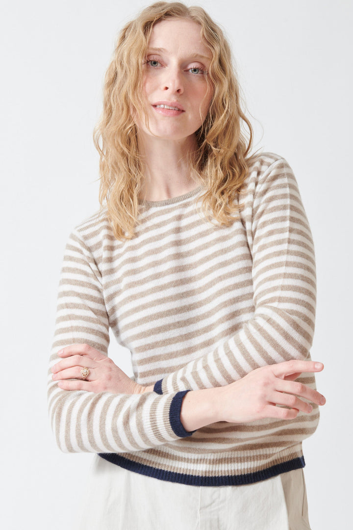 Madi wearing Jumper 1234 Tipped Little Stripe Crew front view