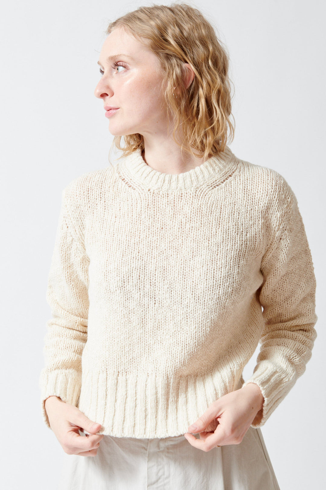 Madi wearing White + Warren Marled Cotton Blend Crewneck front view