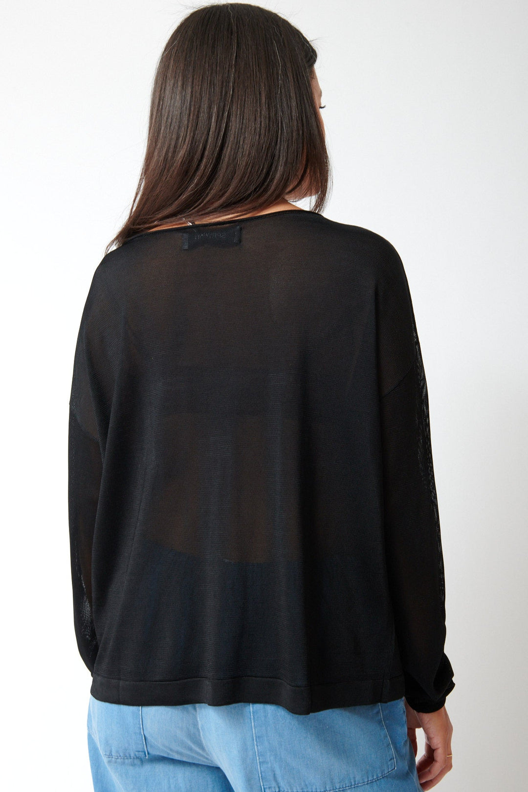 Amanda wearing SPRWMN Off Shoulder Sweater rear view