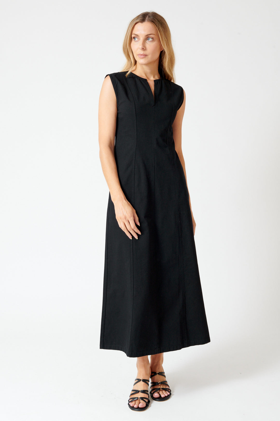 Mari wearing Lilla P Twill Princess Seam Maxi Dress front view