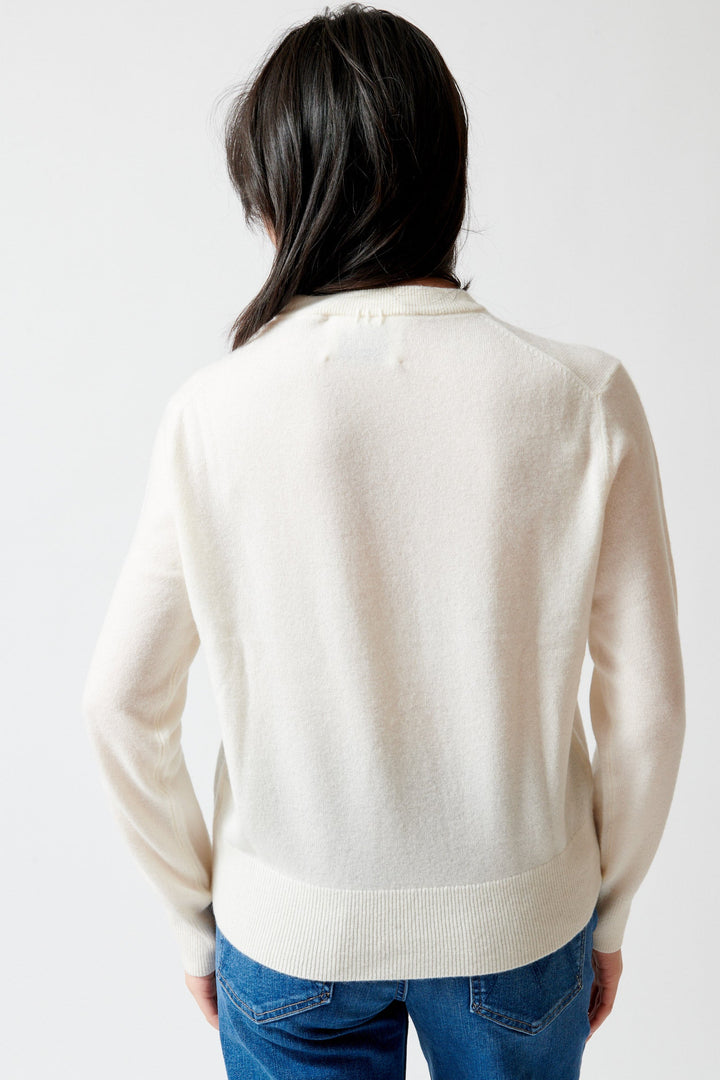 Lilly wearing White + Warren Cashmere Crew rear view