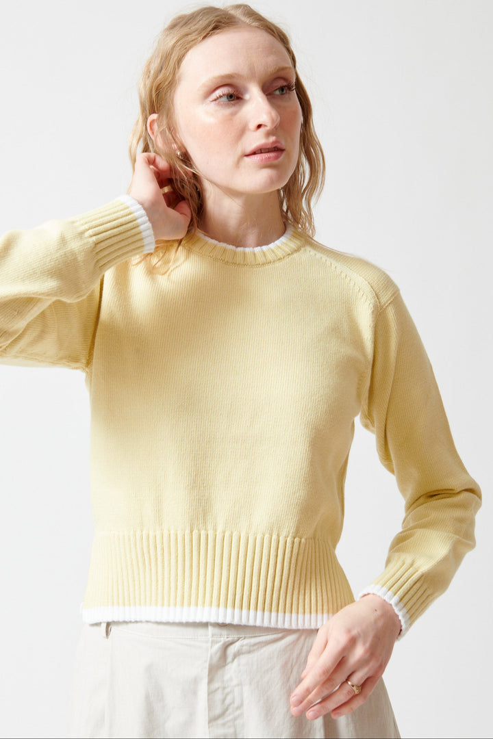 Madi wearing White + Warren Varsity Cotton Crewneck front view