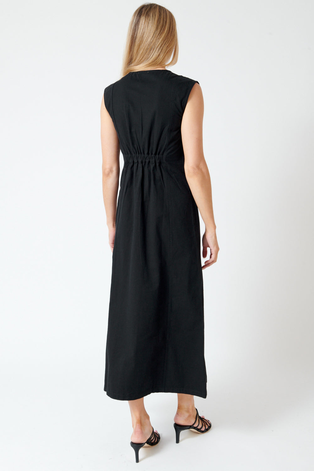Mari wearing Lilla P Twill Princess Seam Maxi Dress rear view