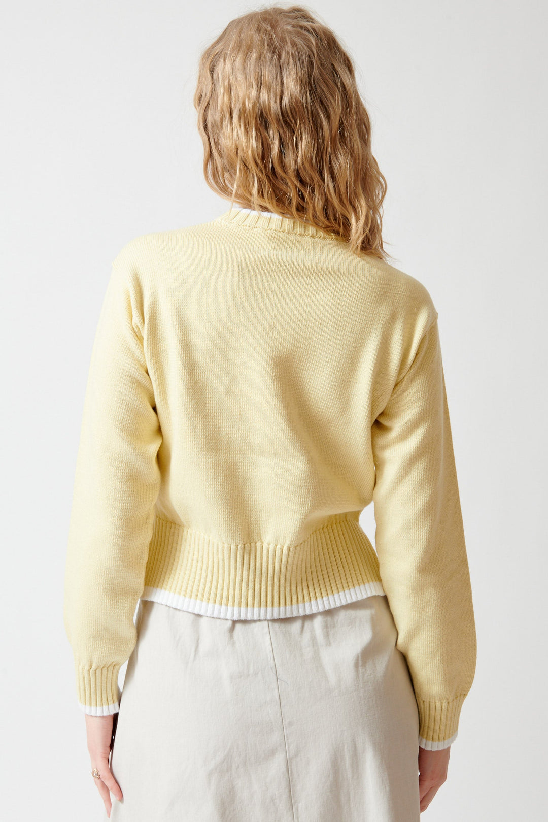 Madi wearing White + Warren Varsity Cotton Crewneck rear view