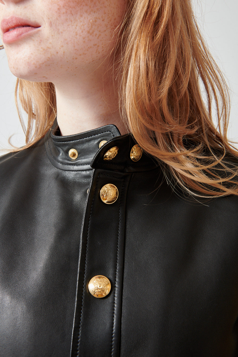 Waverly wearing Nili Lotan Hadley Leather Cropped Jacket front/detail view