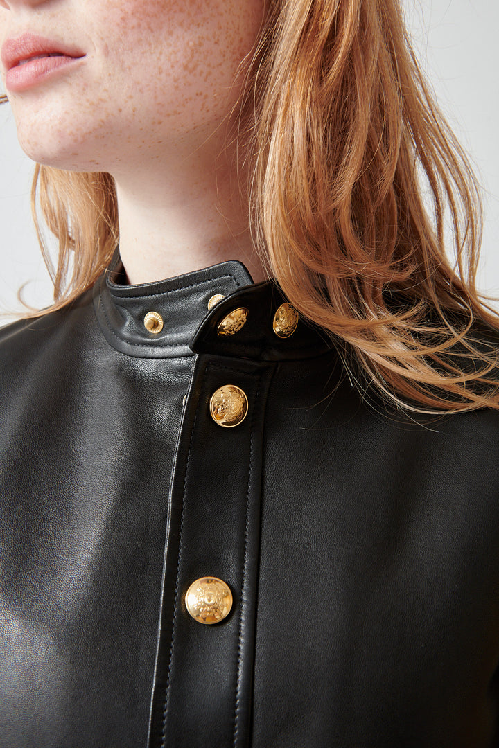 Waverly wearing Nili Lotan Hadley Leather Cropped Jacket front/detail view