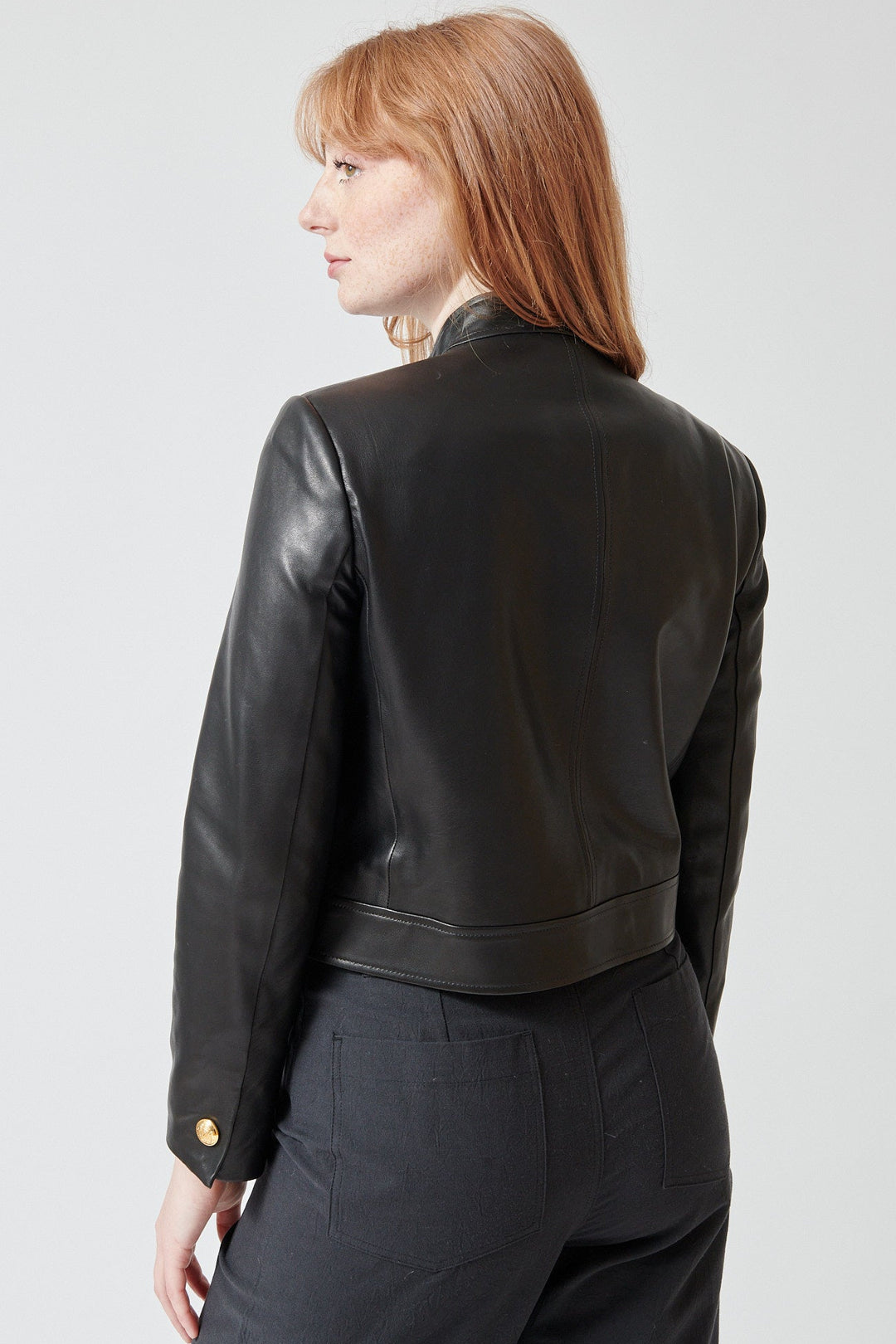 Waverly wearing Nili Lotan Hadley Leather Cropped Jacket rear view