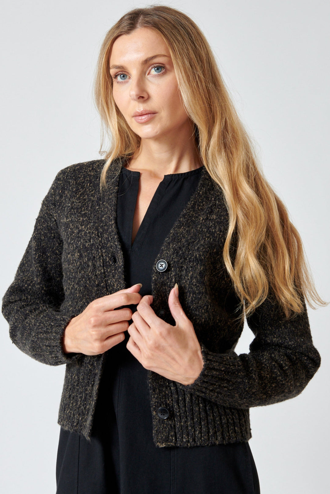 Mari wearing Lilla P Marled V Cardigan front view