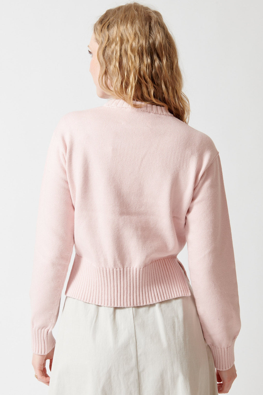 Madi wearing White + Warren Varsity Cotton Crewneck rear view