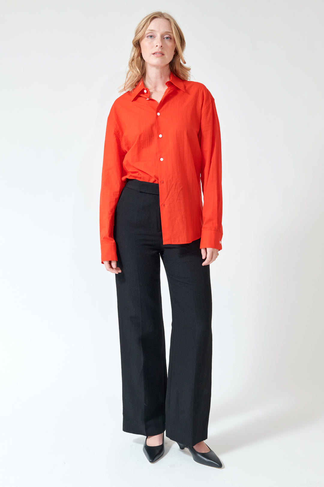 Madi wearing 6397 Flat Front Trouser front view