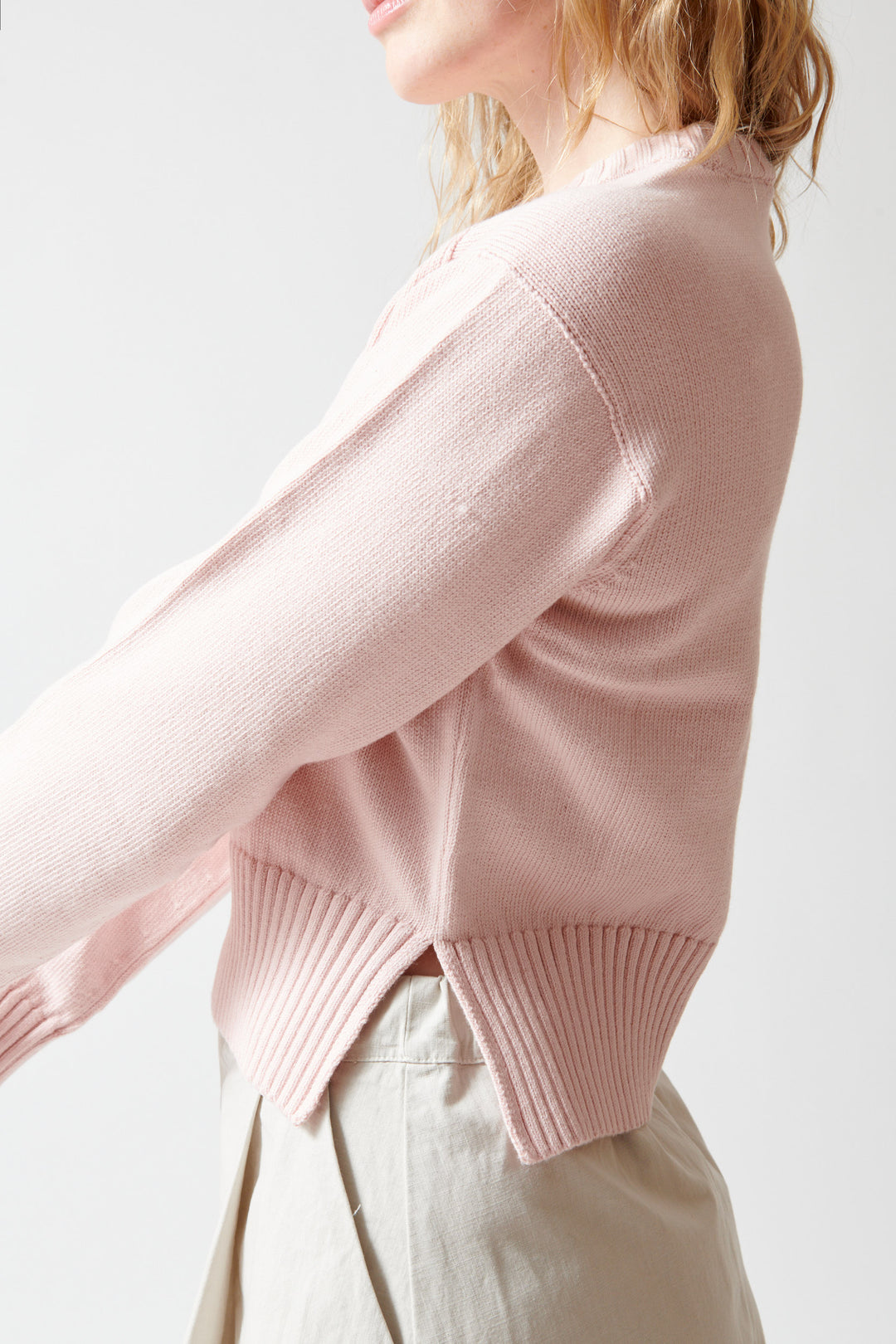 Madi wearing White + Warren Varsity Cotton Crewneck side/detail view