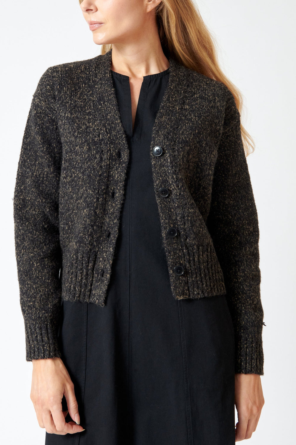 Mari wearing Lilla P Marled V Cardigan front view