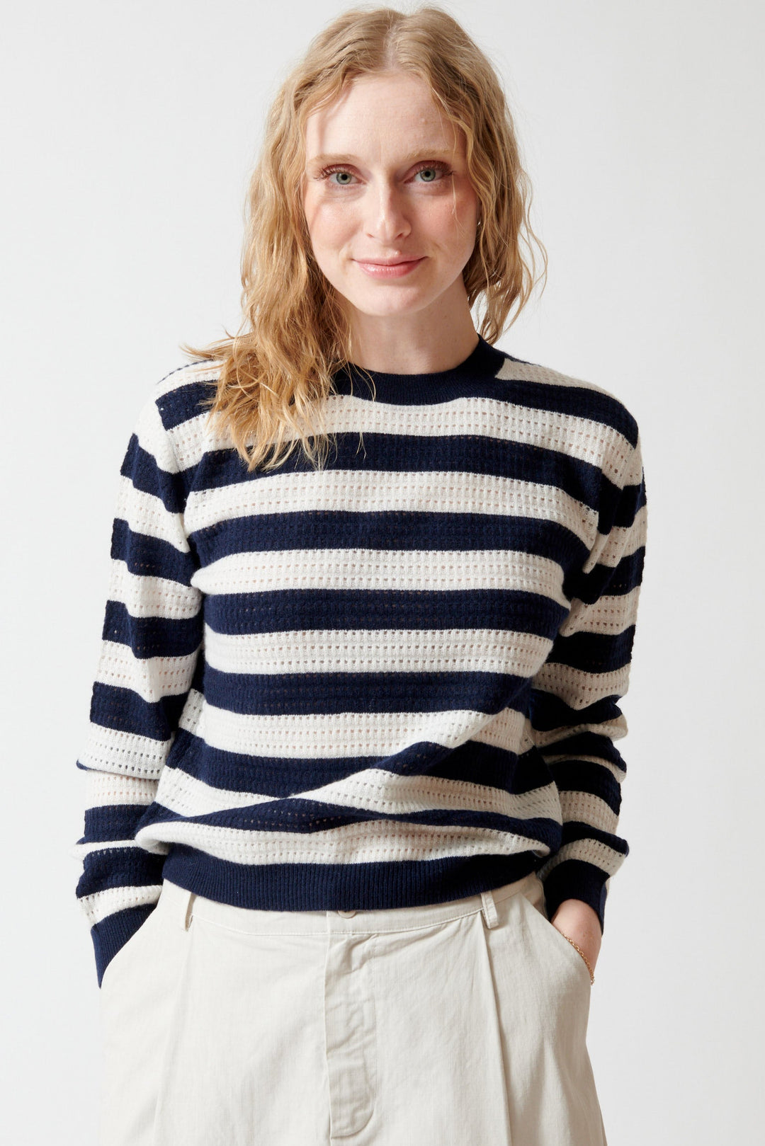 Madi wearing Jumper 1234 Textured Stripe Crew front view
