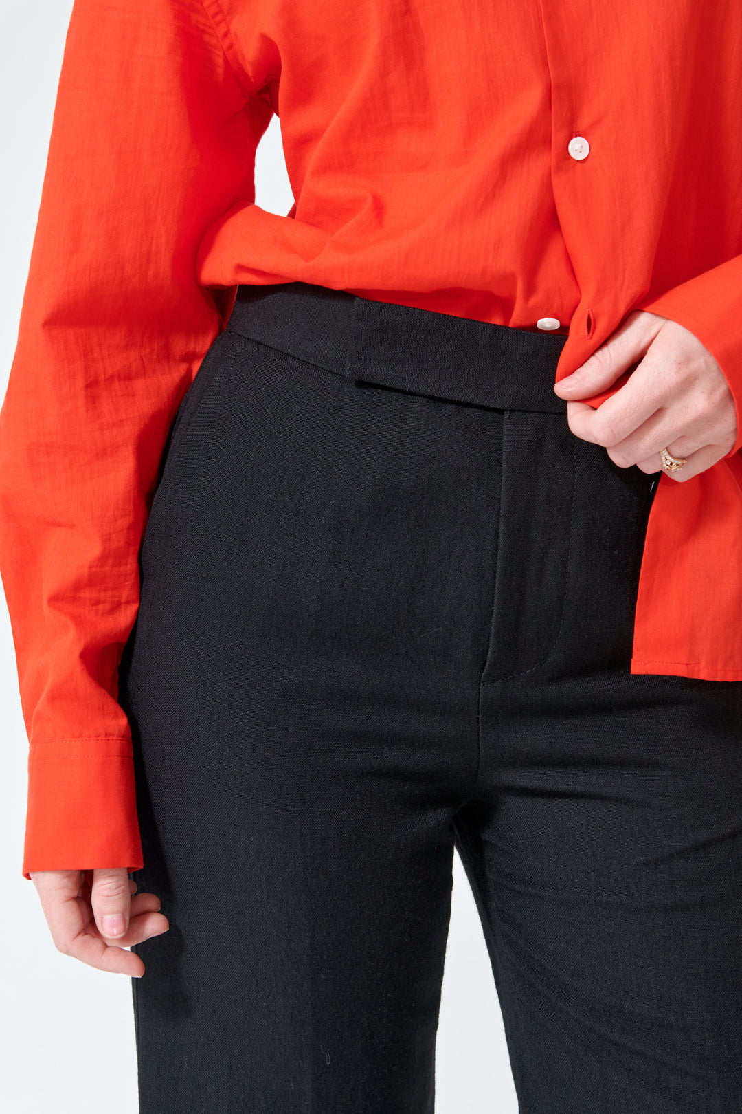 Madi wearing 6397 Flat Front Trouser front/detail view