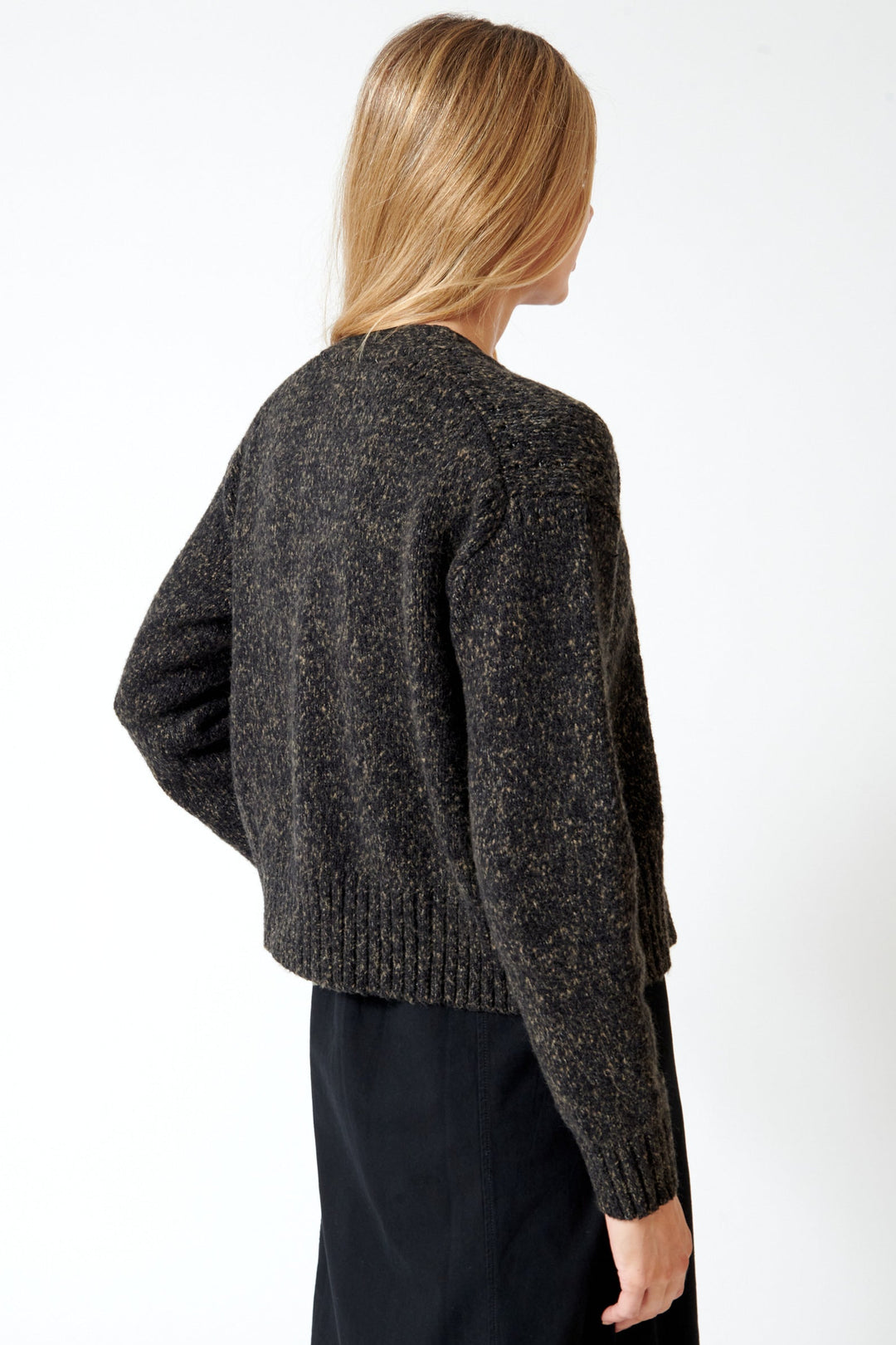 Mari wearing Lilla P Marled V Cardigan rear view