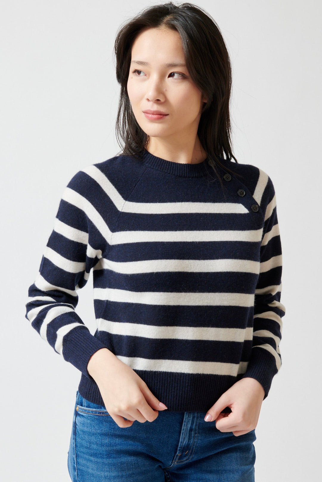 Lilly wearing White + Warren Cashmere Striped Sweater Deep front view