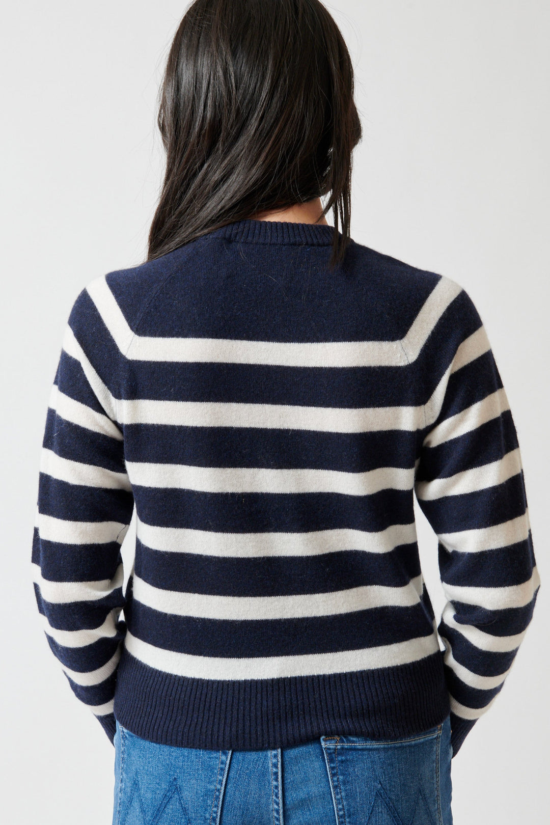 Lilly wearing White + Warren Cashmere Striped Sweater Deep rear view