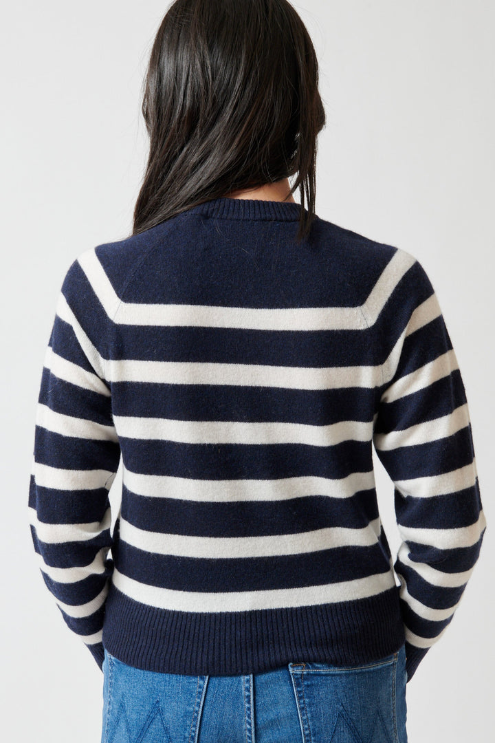 Lilly wearing White + Warren Cashmere Striped Sweater Deep rear view