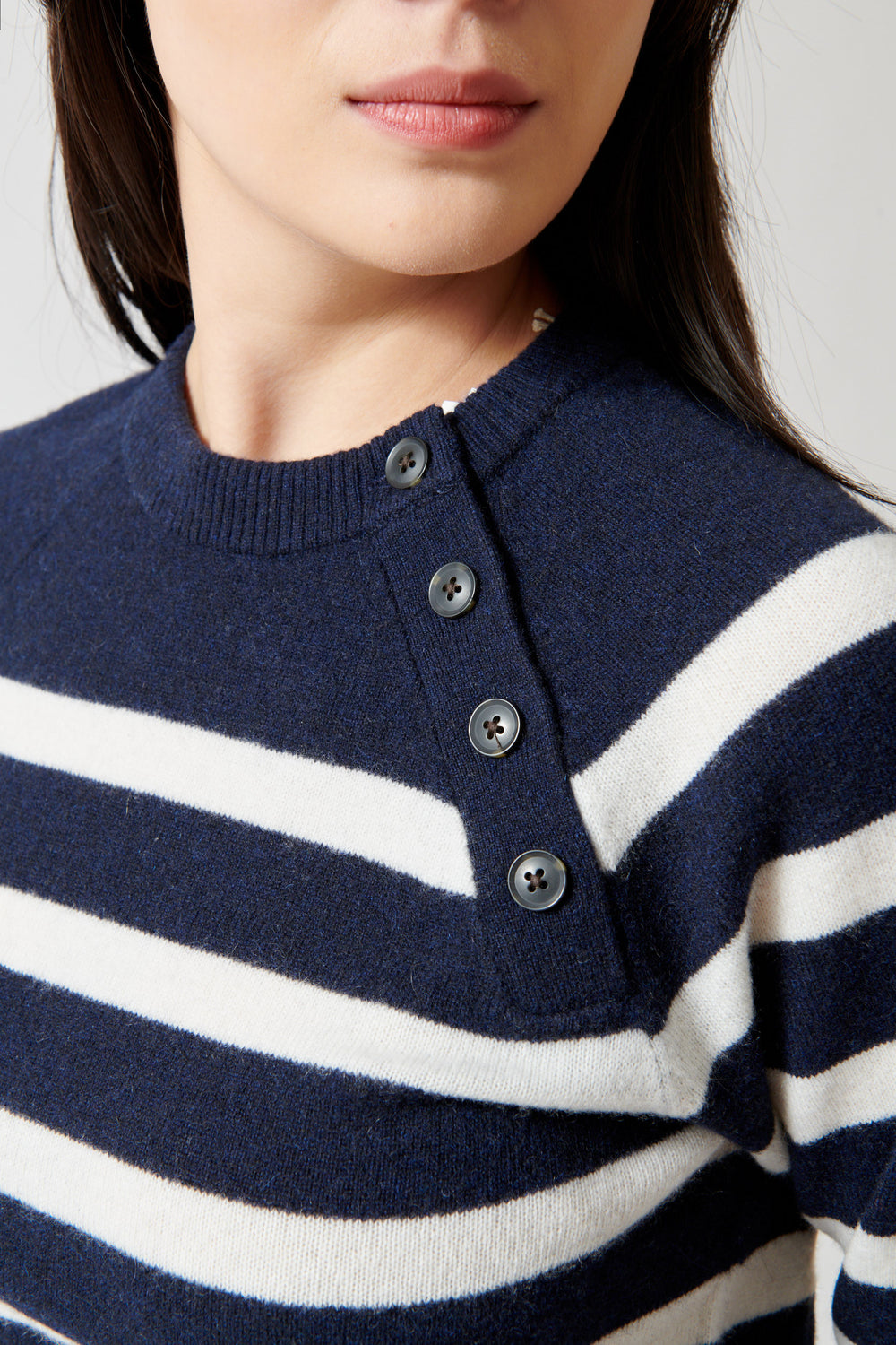 Lilly wearing White + Warren Cashmere Striped Sweater Deep front/detail view