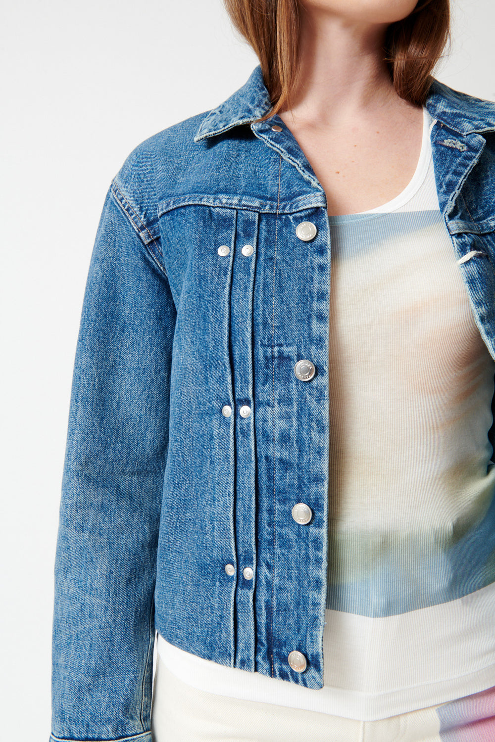 Julia wearing Tanaka The Jean Jacket front view