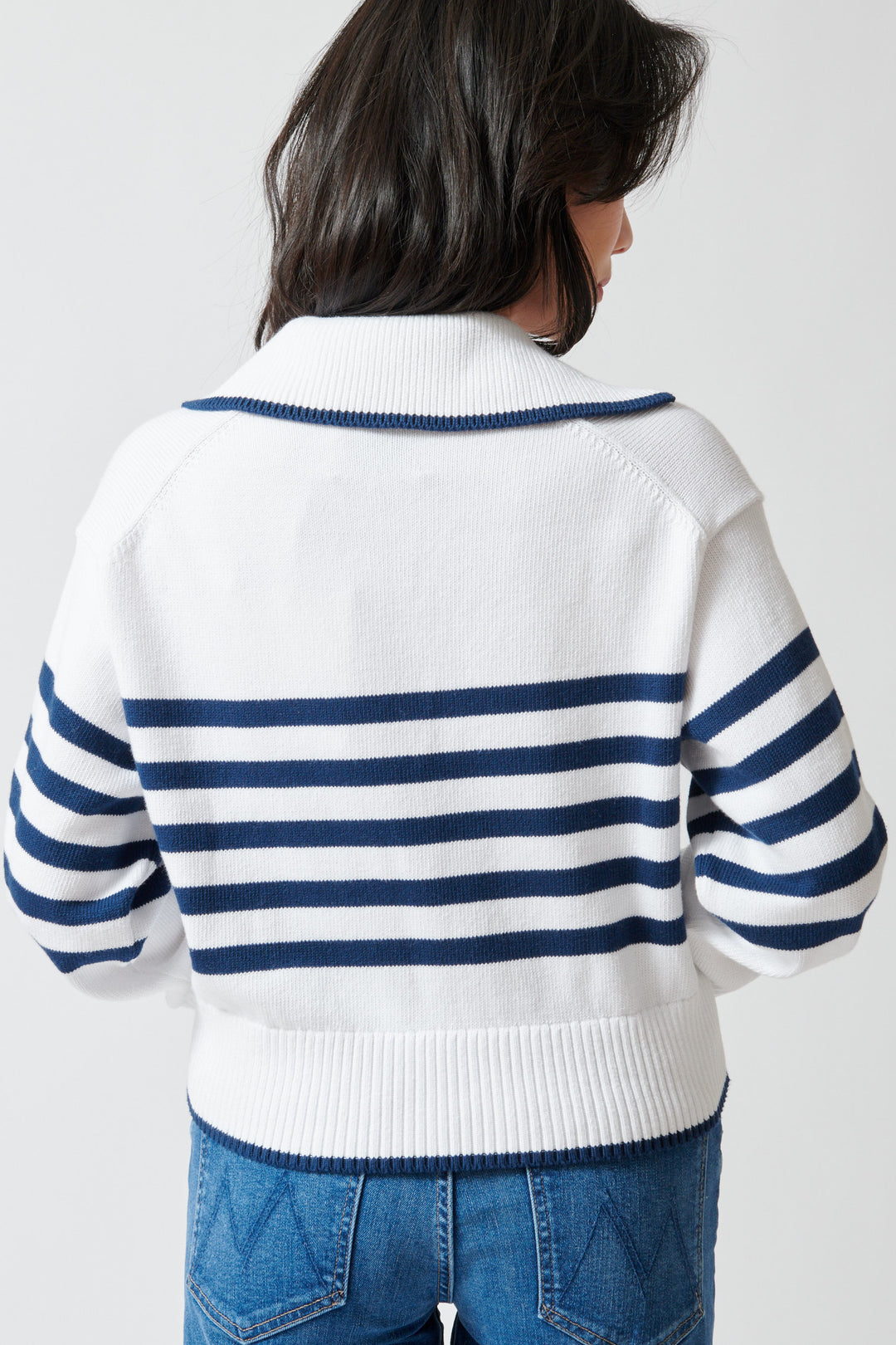 Lilly wearing White + Warren Varsity Cotton Striped Polo rear view