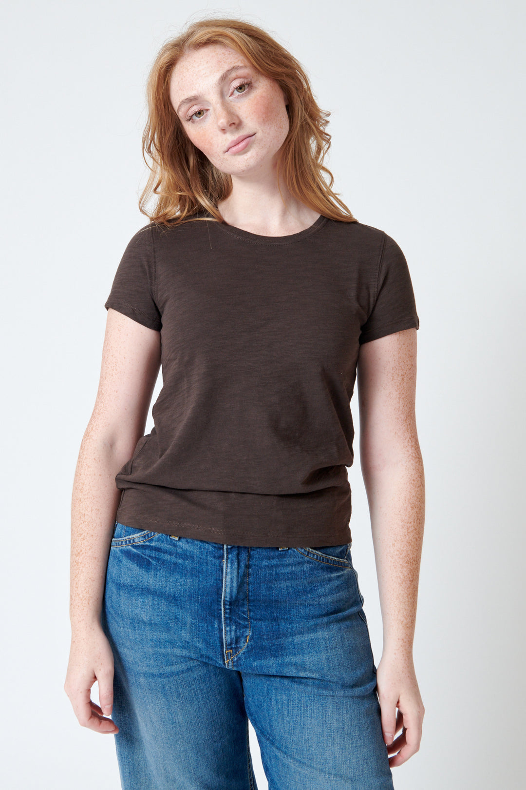 Waverly wearing Lilla P Short Sleeve Back Seam Crewneck Tee front view