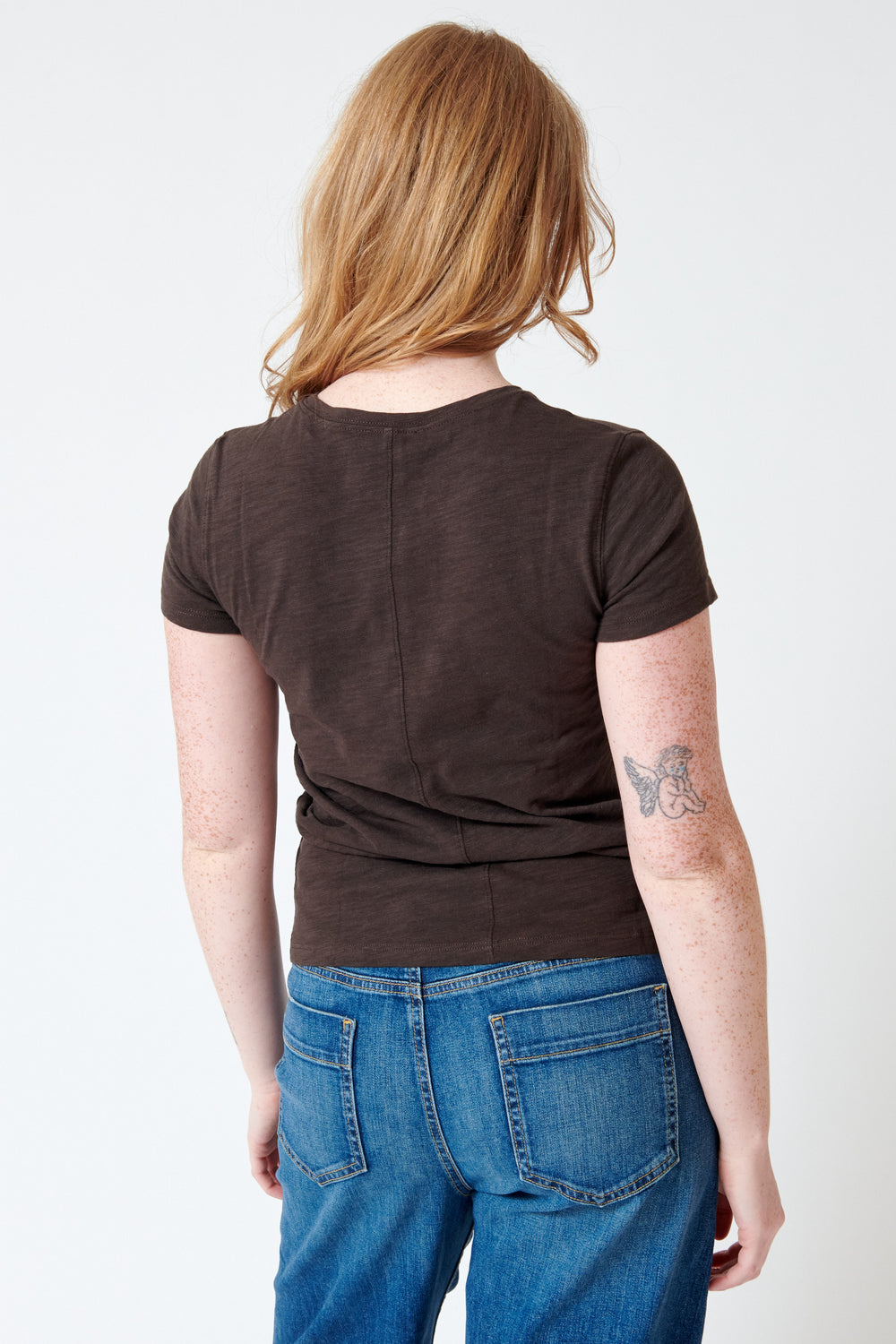 Waverly wearing Lilla P Short Sleeve Back Seam Crewneck Tee rear view