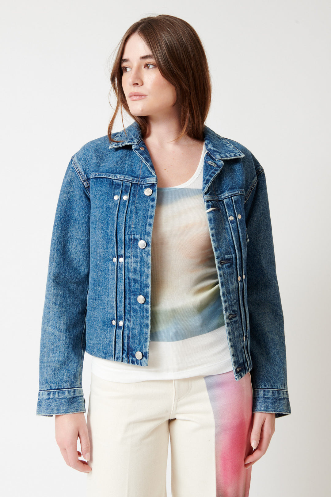 Julia wearing Tanaka The Jean Jacket front view
