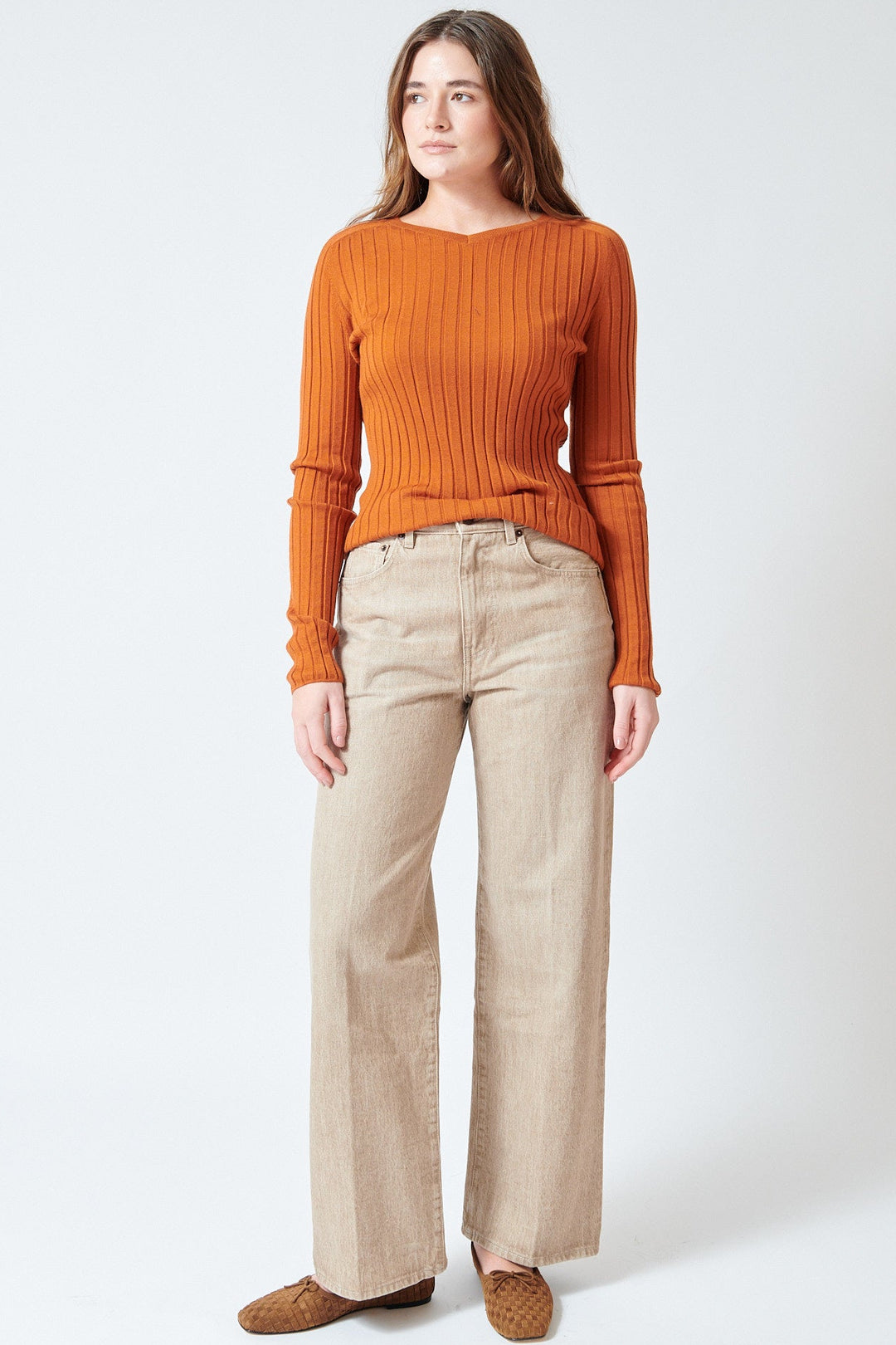 Julia wearing 6397 Wide Jean front view