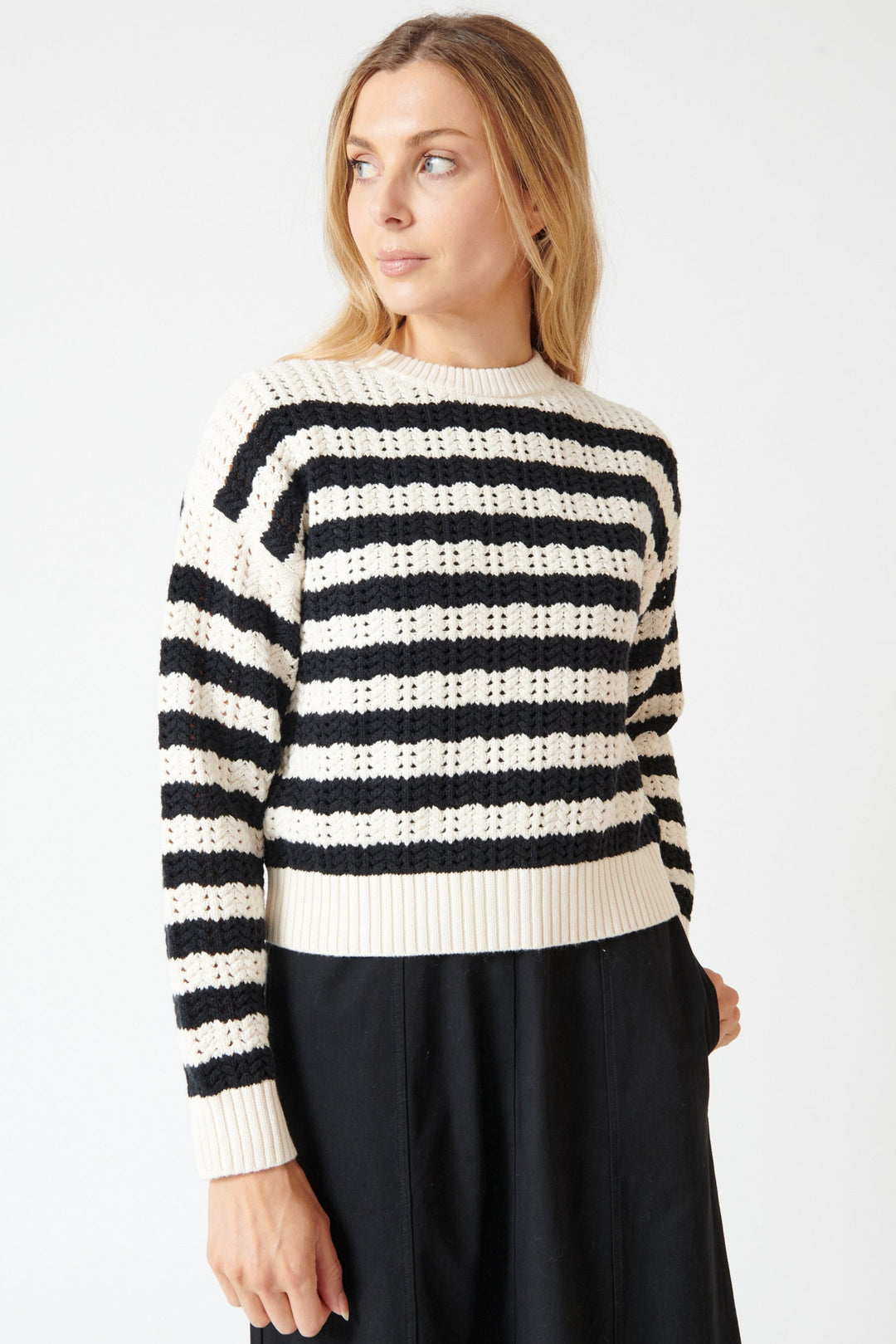 Mari wearing Lilla P Stripe Stitch Sweater front view