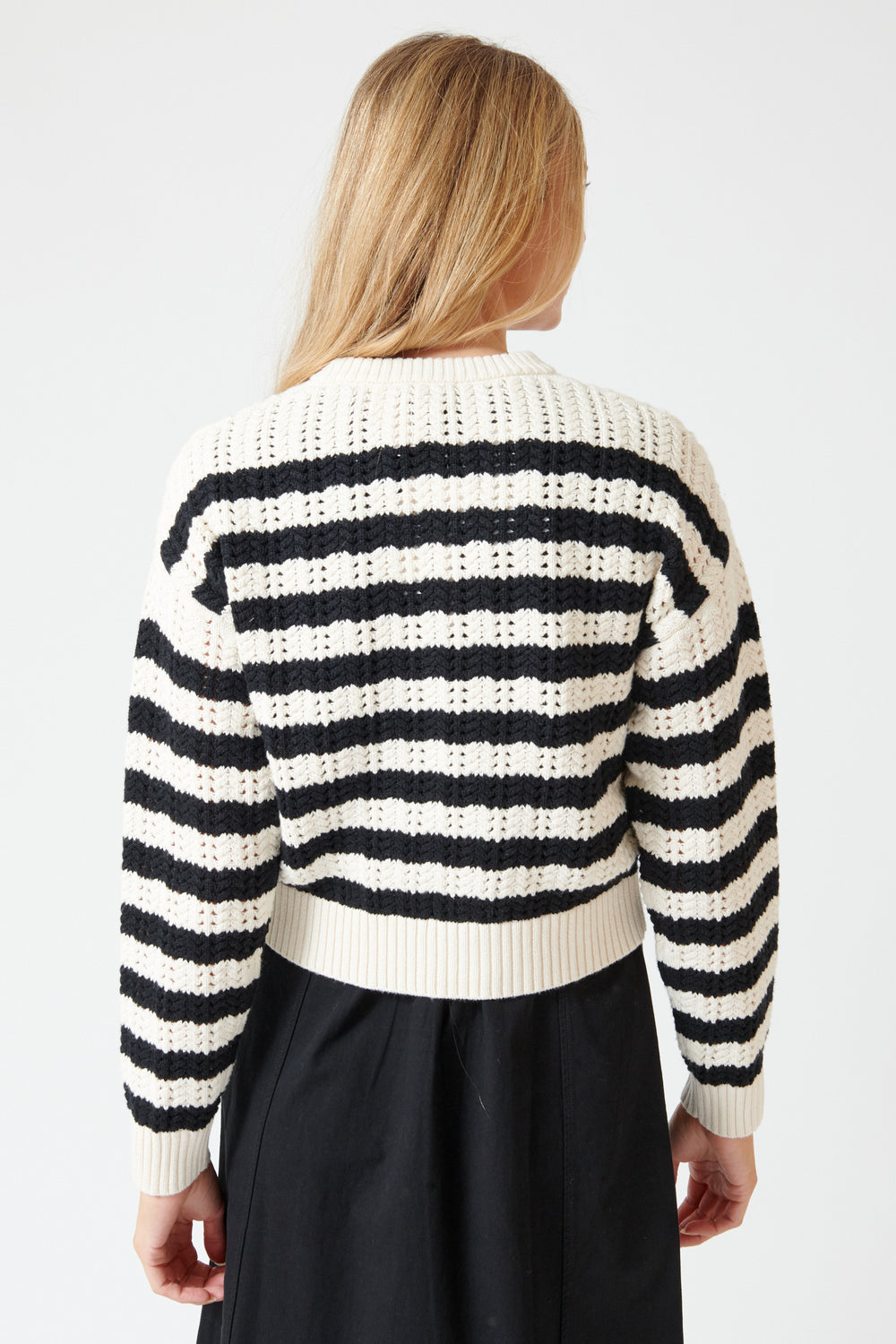 Mari wearing Lilla P Stripe Stitch Sweater rear view