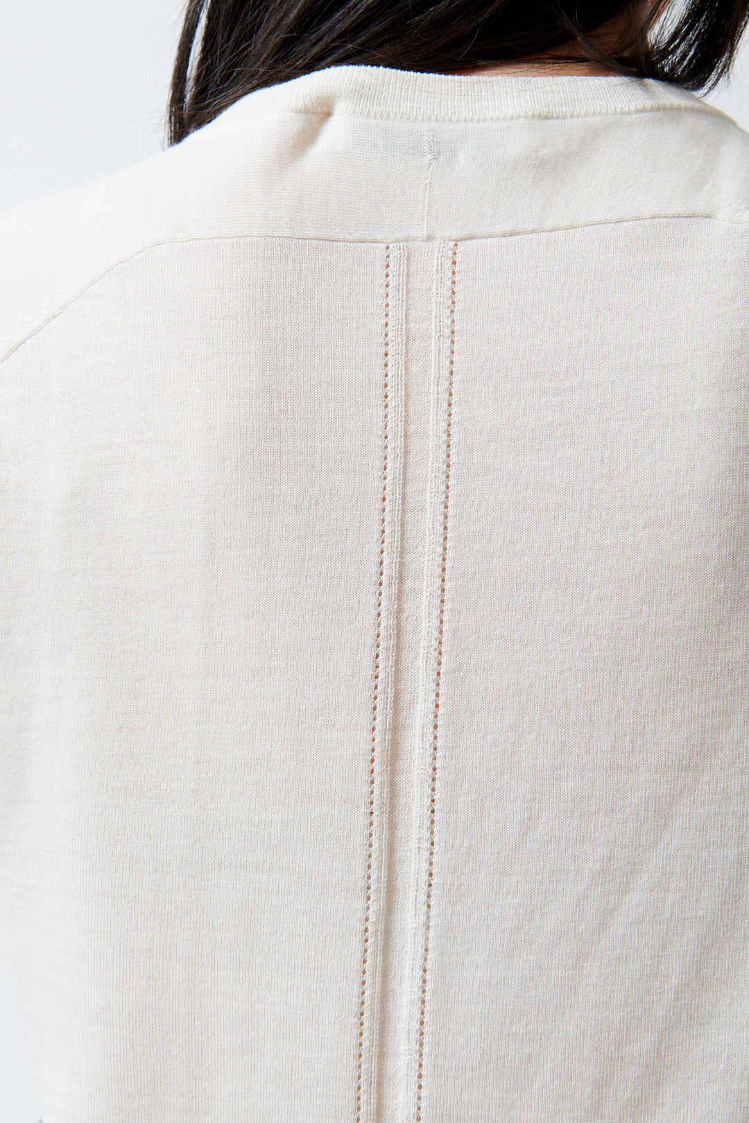 Lilly wearing White + Warren Superfine Merino Wool V Neck front/detail view