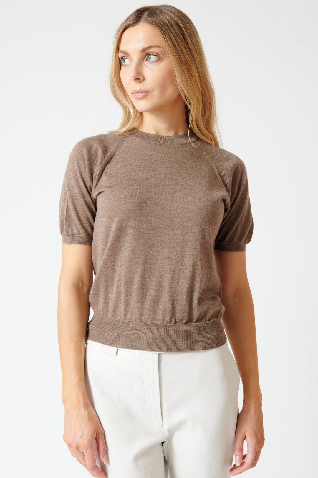 Mari wearing SPRWMN Short Sleeve Raglan Tee Shirt front view