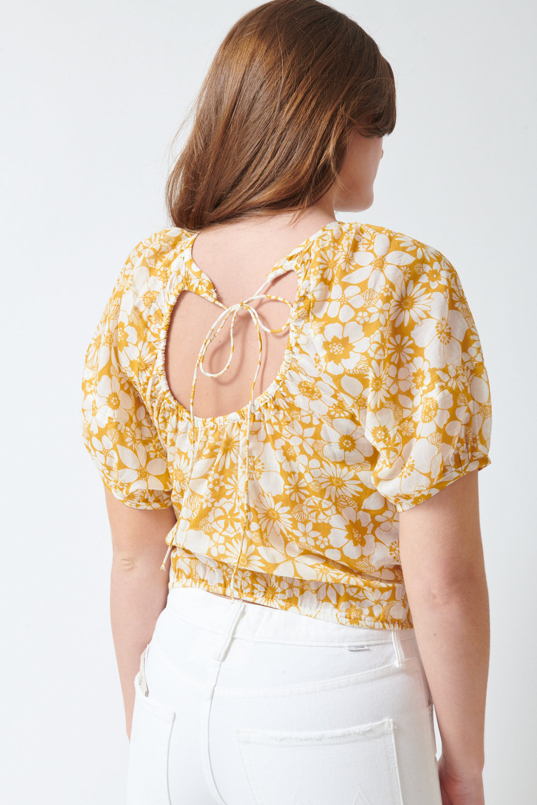 Julia wearing Mother Denim The Party In The Back Shirt rear view