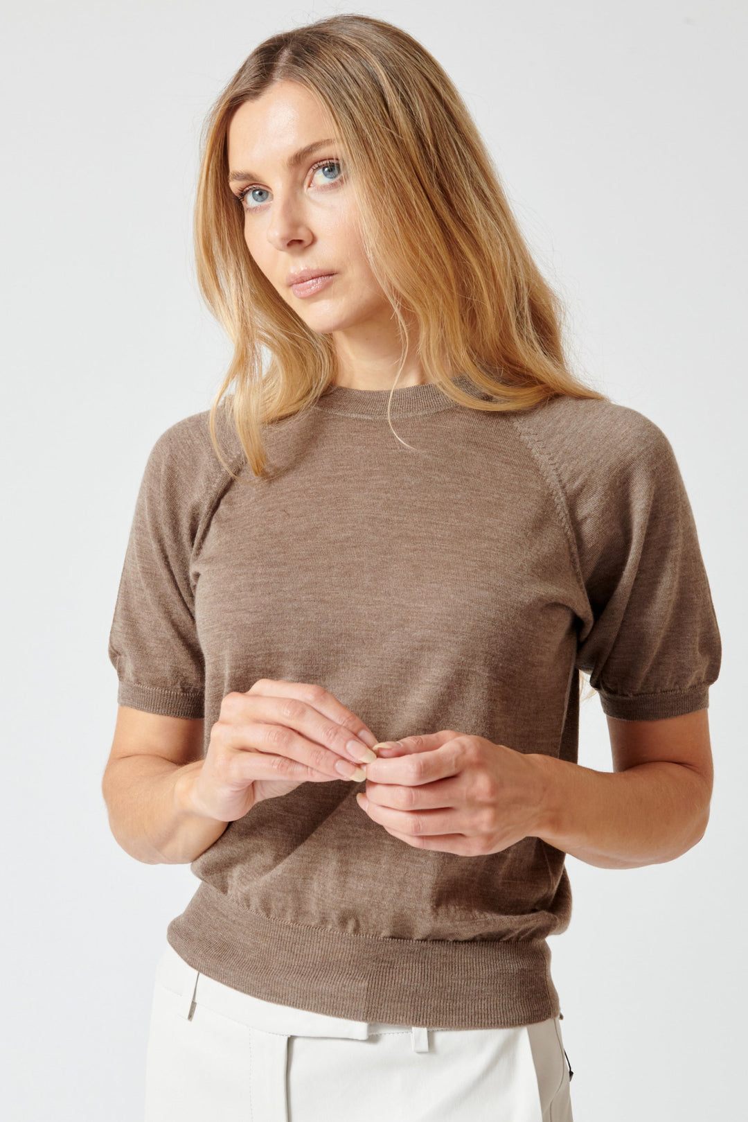 Mari wearing SPRWMN Short Sleeve Raglan Tee Shirt front view
