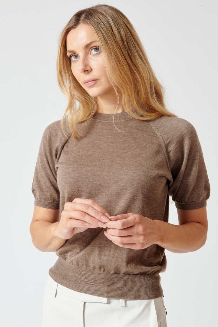 Mari wearing SPRWMN Short Sleeve Raglan Tee Shirt front view