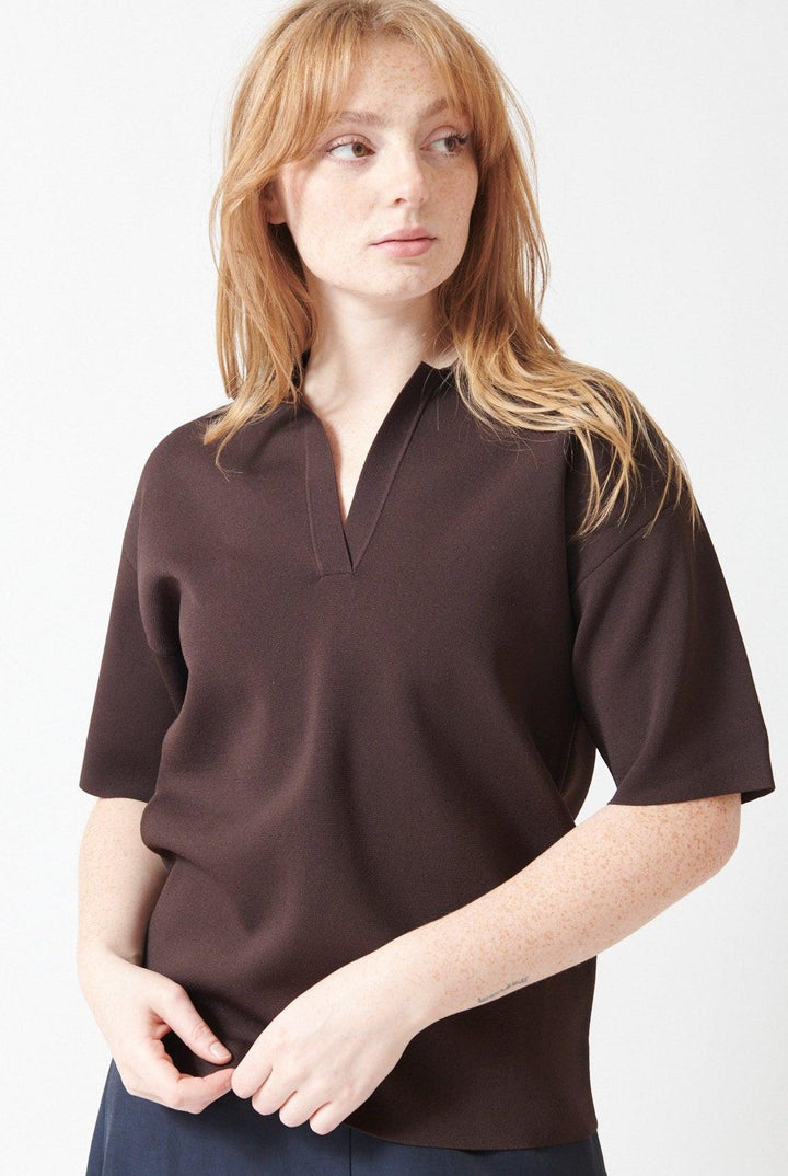 Waverly wearing P.A.R.O.S.H. Roma Knit Polo Top front view