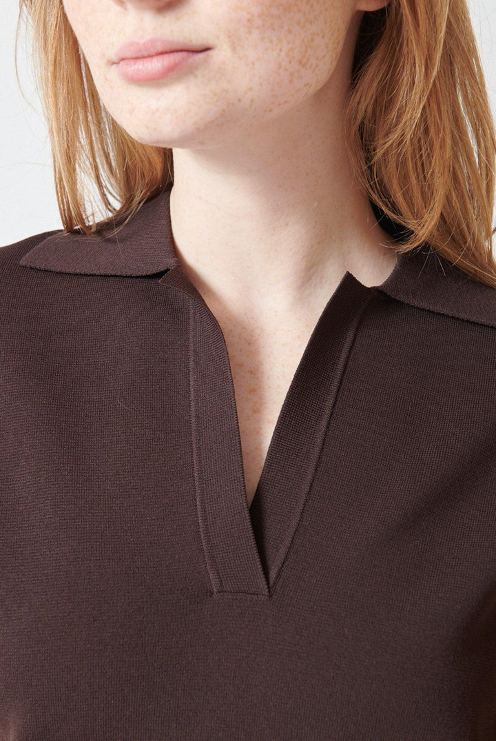 Waverly wearing P.A.R.O.S.H. Roma Knit Polo Top front/detail view