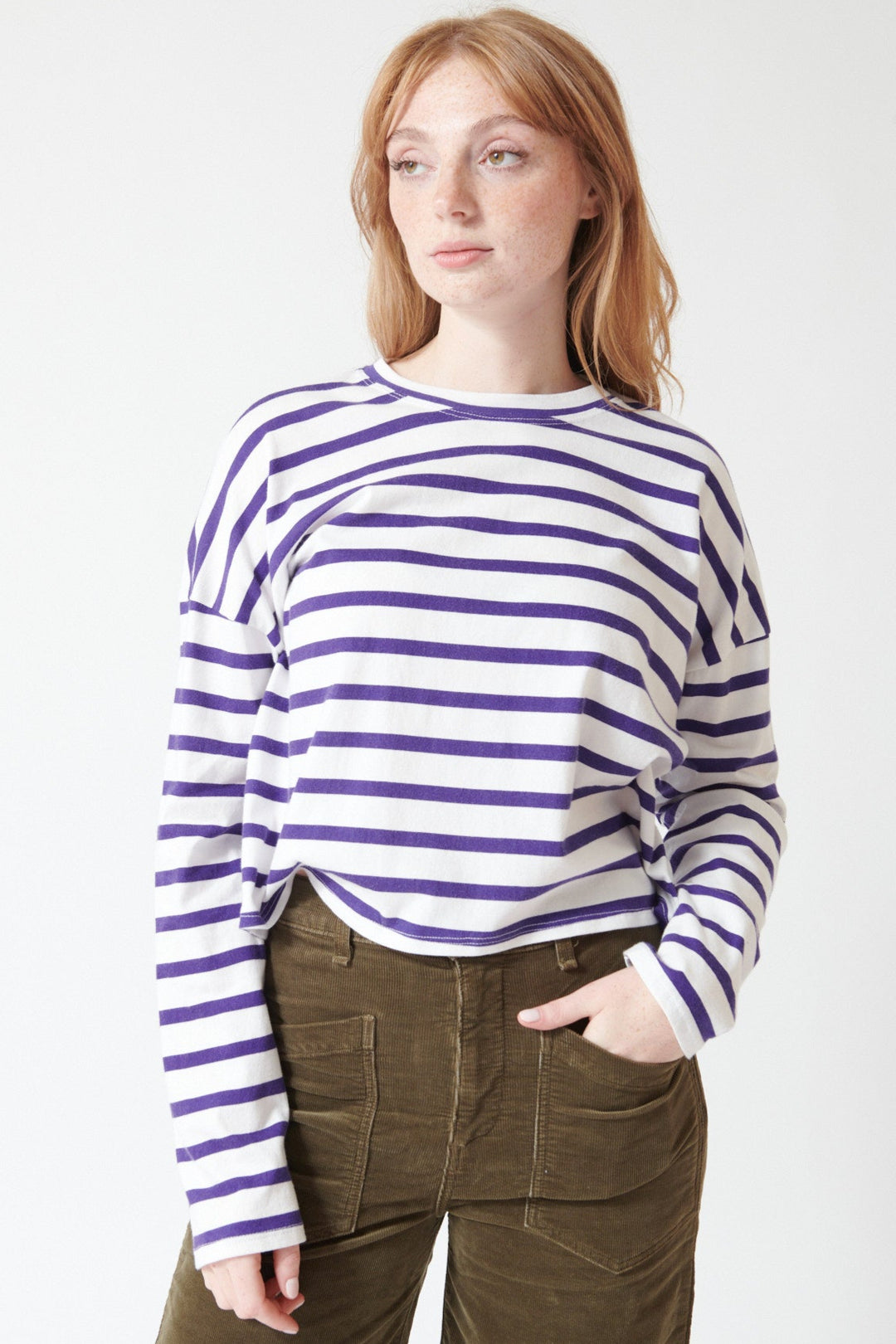 Waverly in ASKK NY Cropped Long Sleeve Stripe Tee, white thin stripe, front view.