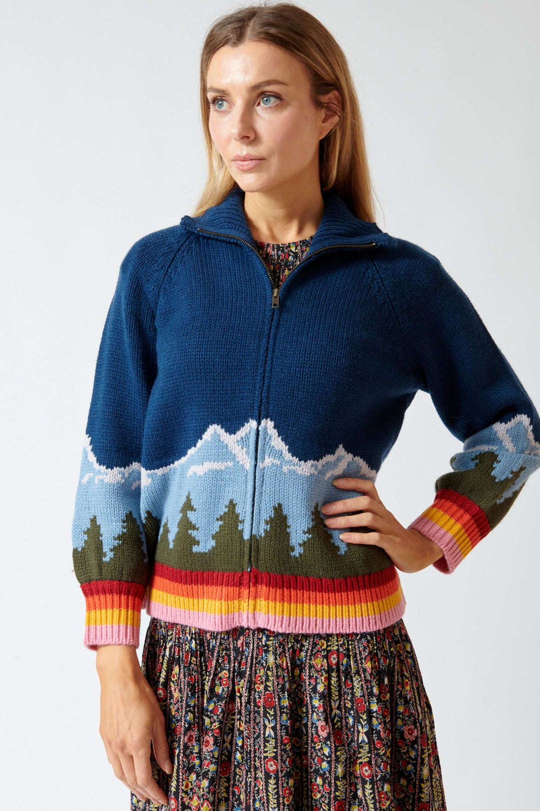 Mari wearing The Great The Vista Full Zip Sweater front view