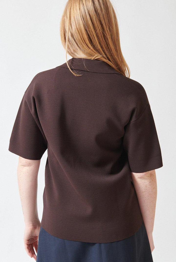 Waverly wearing P.A.R.O.S.H. Roma Knit Polo Top rear view