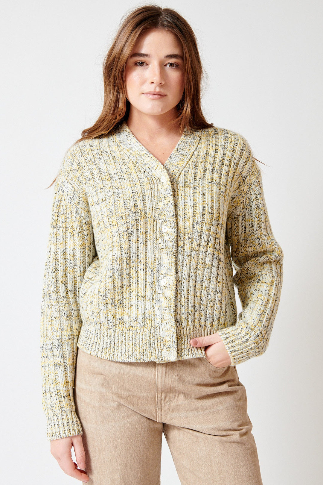 Julia wearing 6397 Marled Rib Cardigan front view