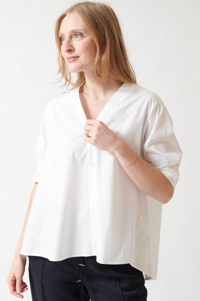 Madi wearing Mantu Kathleen V Neck Blouse front view