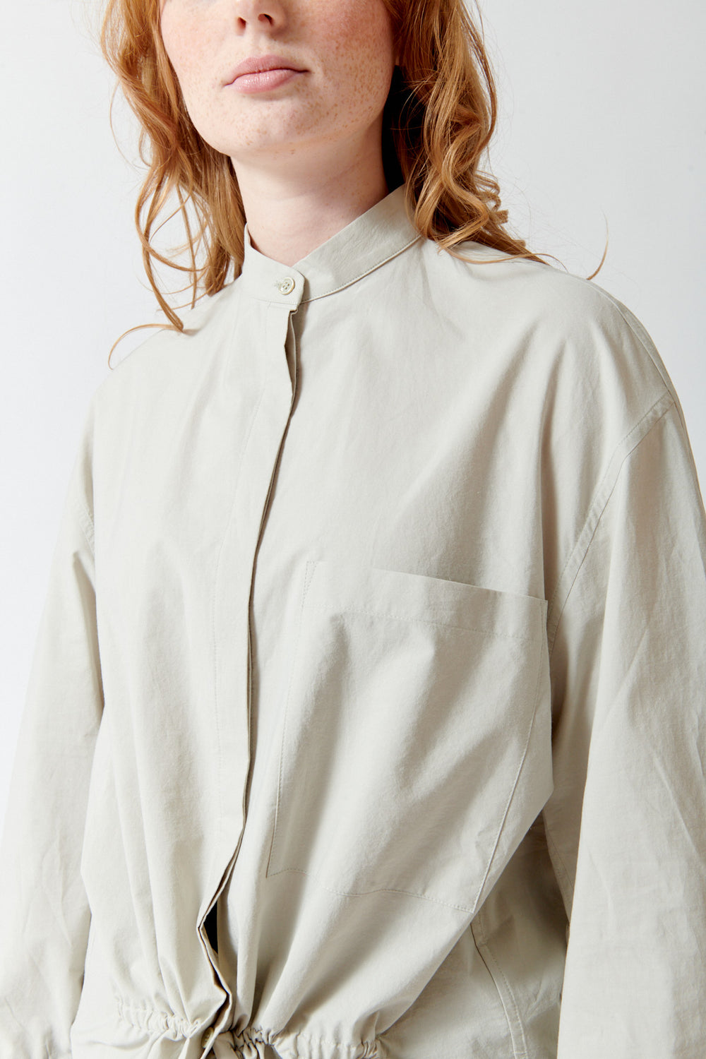 Waverly wearing Christian Wijnants Tubi Shirt front/detail view