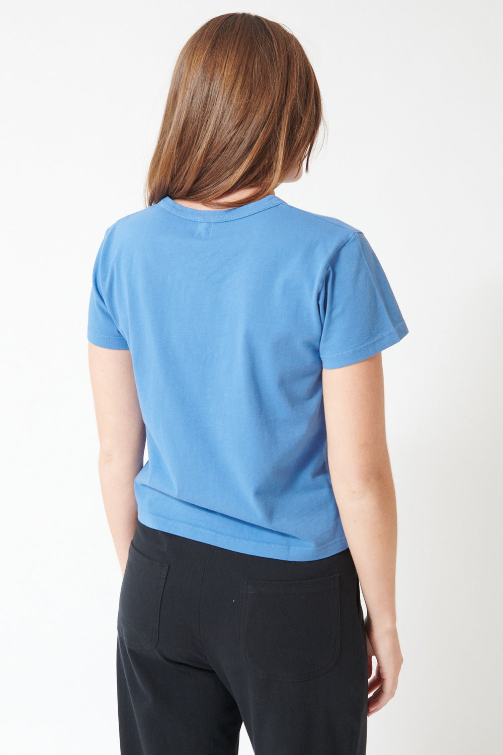 Julia wearing LESET The Margo Tee, rear view