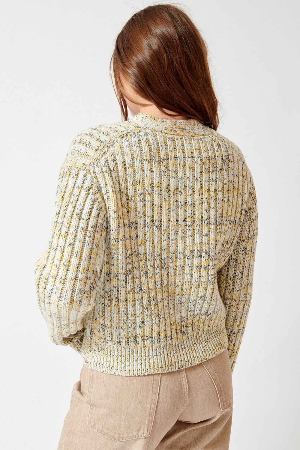 Julia wearing 6397 Marled Rib Cardigan rear view
