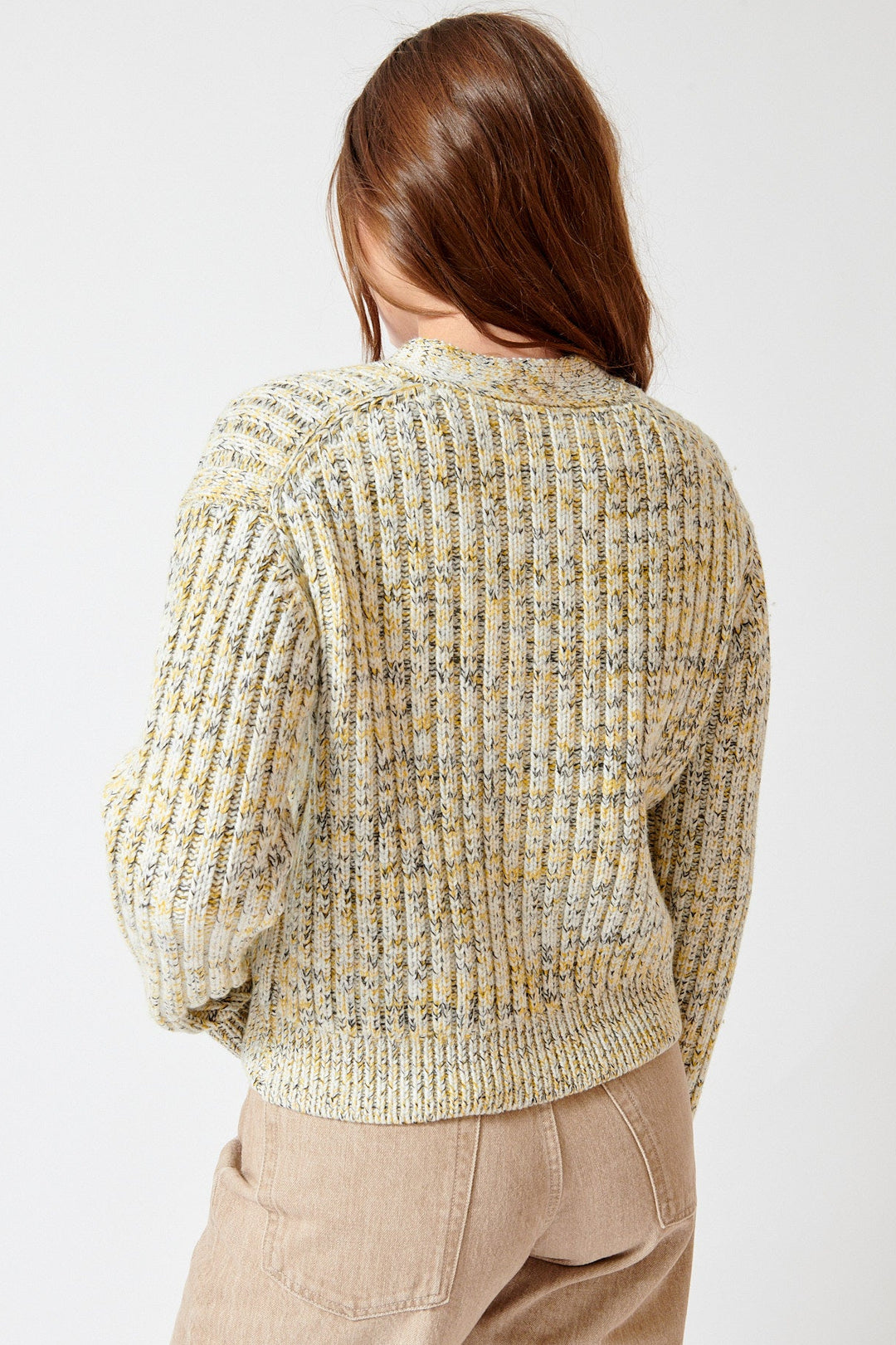 Julia wearing 6397 Marled Rib Cardigan rear view